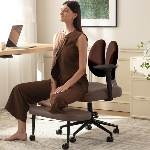 With Armrest Wheels & Stretchable Rotating Footrest, Ergonomic Cross Legged Swivel Chair With Back Support& Adjustable Height For Yoga Kneeling Meditation Home Office