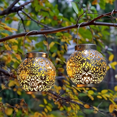 Image of 2 Pack Outdoor Solar Hanging Lantern Lights Metal LED Decorative Lamp for Garden Patio Courtyard Lawn and Table with Hollowed-Out Design (Antique Bronze)