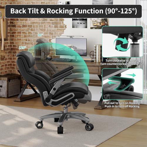 Image of Big and Tall Office Chair with 5D Arms, 600lbs Heavy Duty Desk Chair with Adjustable Lumbar Support, PU Leather High Back Ergonomic Executive Computer Chair with 3'' Silent Casters
