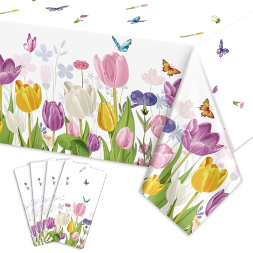 4 manteles rectangulares de tulipanes para fiestas, manteles florales de acuarela, mantel de tulipán de mariposa, para té, lila, mariposa, tulipanes, primavera, decoración de fiesta de cumpleaños, 51