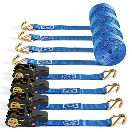 IAZZCO 6M Spanngurte mit Ratsche - 25MM Spanngurt mit J Haken TÜV/GS Zertifiziert mit Ratschengurte mit Nockenschnalle für Motorräder, Auto, Anhänger, Haushalt (Blau/4 Stück)