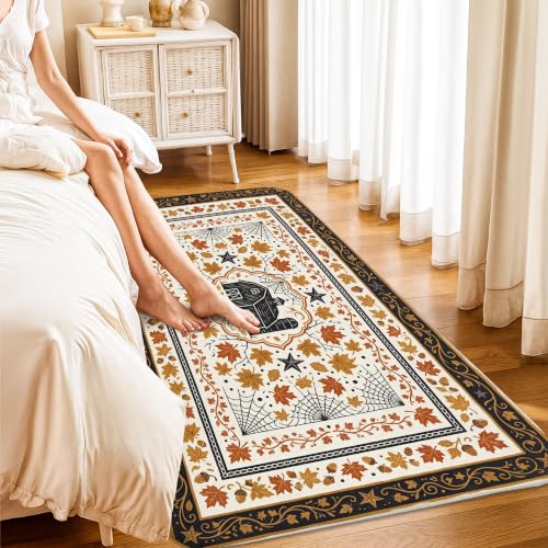 Alfombra naranja de 3x5 pies rústica con diseño de hojas para entrada y mesita de noche 4