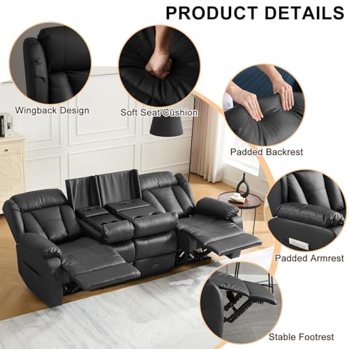 Image of Loveseat Recliner Sofa,3 Seater RV Recliner Couch, Manual Reclining Loveseat with Console for Living Room, Home Theater Seating with AC /USB C /USB and Drawer (Black, 3 Seater + Console)