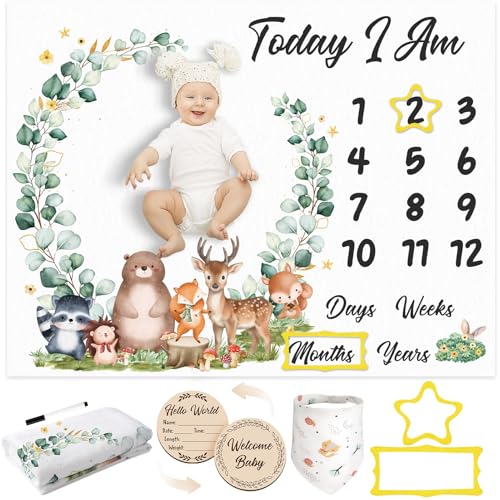GSrenyu Baby Milestone Blanket Set Flannel Monthly Milestone Blanket and Drool Bibs Photo Prop for Newborn Boys and Girls Includes Felt Frame(Woodland)