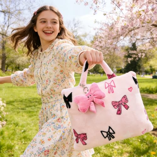 Image of 3-in-1 Kids Travel Blanket and Pillow Set, 40x60 Inch Pink Bow Blanket for Girls,Compact Set with Bow Keychain, Ideal Birthday Travel Essential