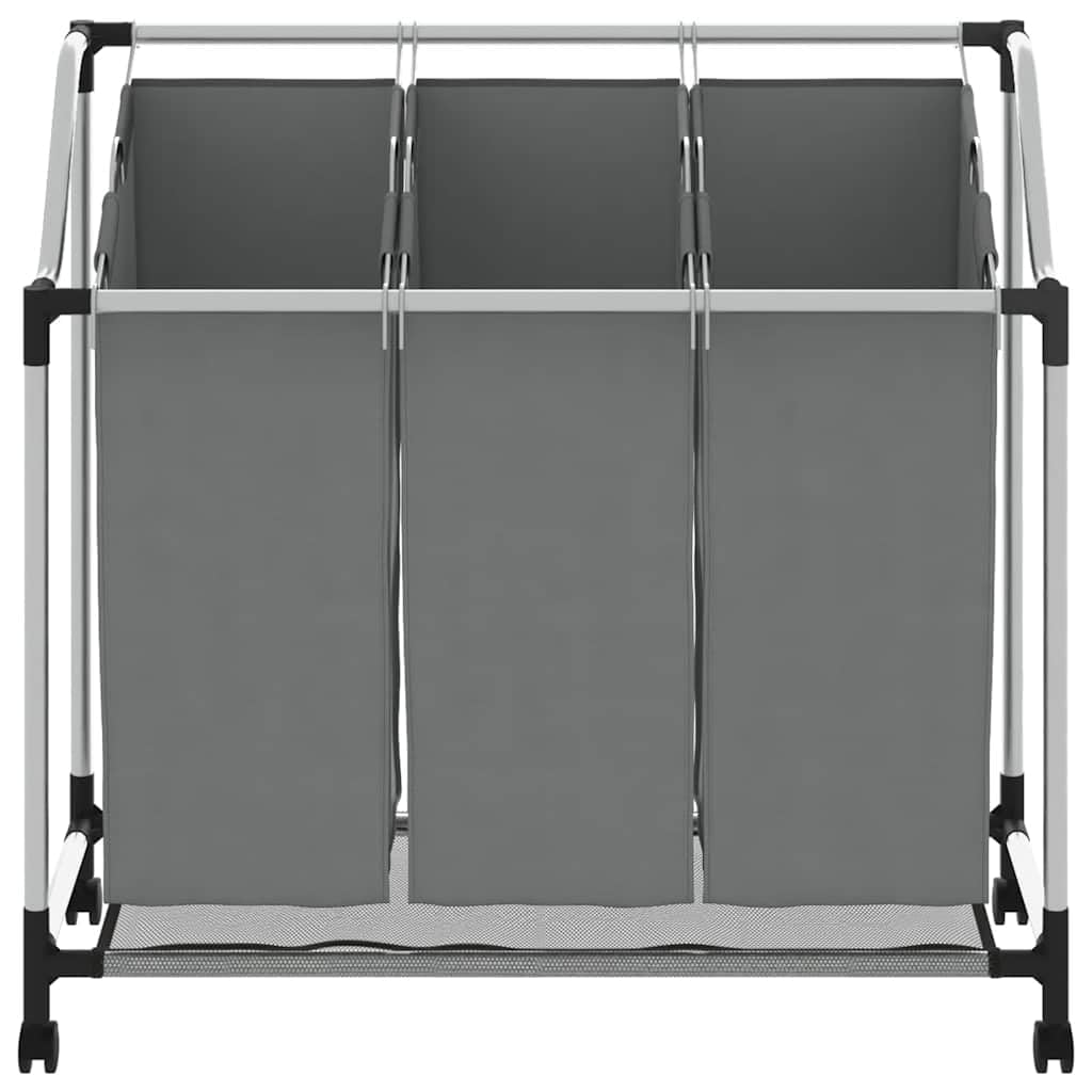 Cesto portabiancheria con ruote, 3 scomparti, grigio | Struttura in acciaio con rivestimento in plastica, 4 ruote girevoli con 2 freni, sacchetti portabiancheria rimovibili