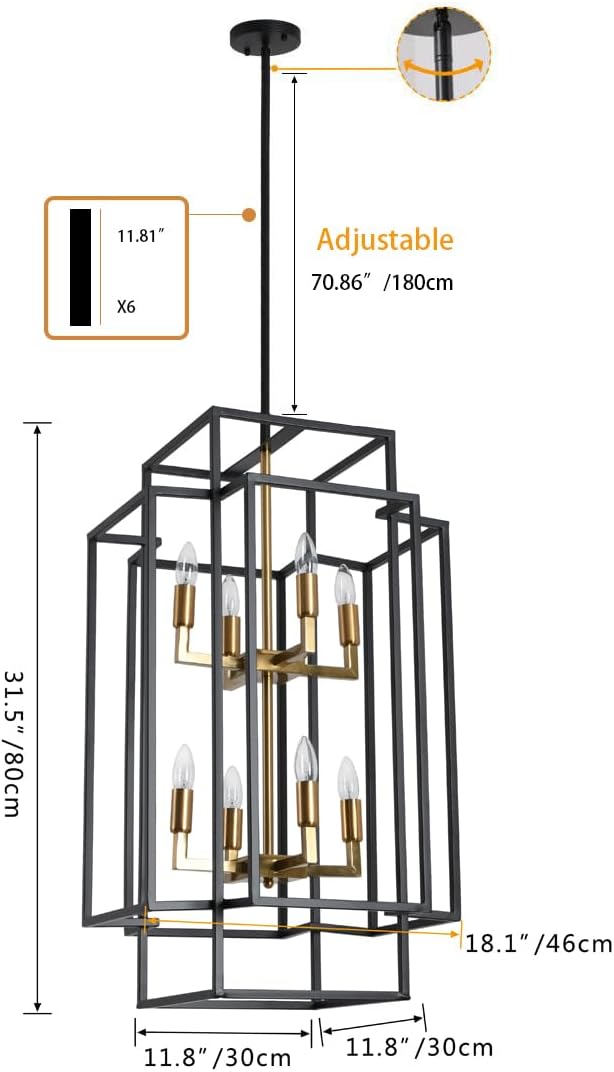 Aiwen 8 Lights Farmhouse Lantern Square Rectangle Chandelier Unique Candle Style Pendant Lighting Wide Cage Ceiling Light Fixture Black and Gold Finish for Dining Room Foyer Cafe Bar Living Kitchen