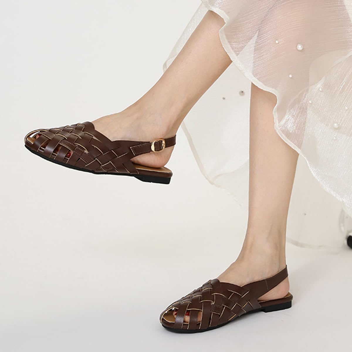 Sandalias Romanas Mujer Construcción De Jaula Trenzada Vintage con Protección De Punta Cerrada Zapatos Planos De Tira Trasera Y Calzado De Verano Retro para Fin De Semana