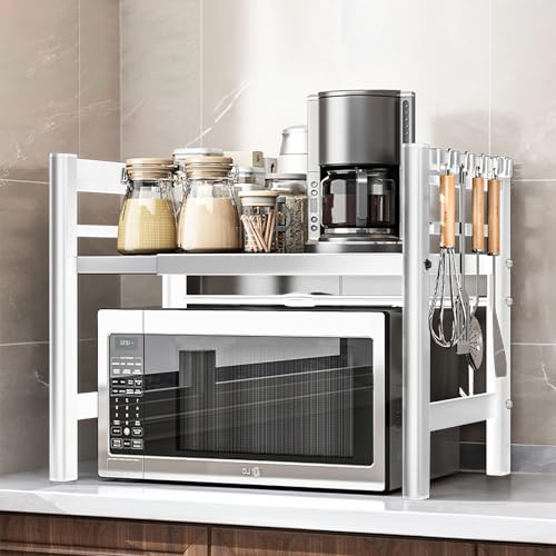 Quuylin Erweiterbares Mikrowellen Regal,2 stufiges,Stehend Mikrowellenregal,mit 6 Haken,Flexibel...