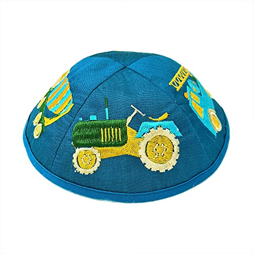 EMANUEL Yair Kippah for Boys Kids Embroidered Trucks Children Yarmulke Blue4