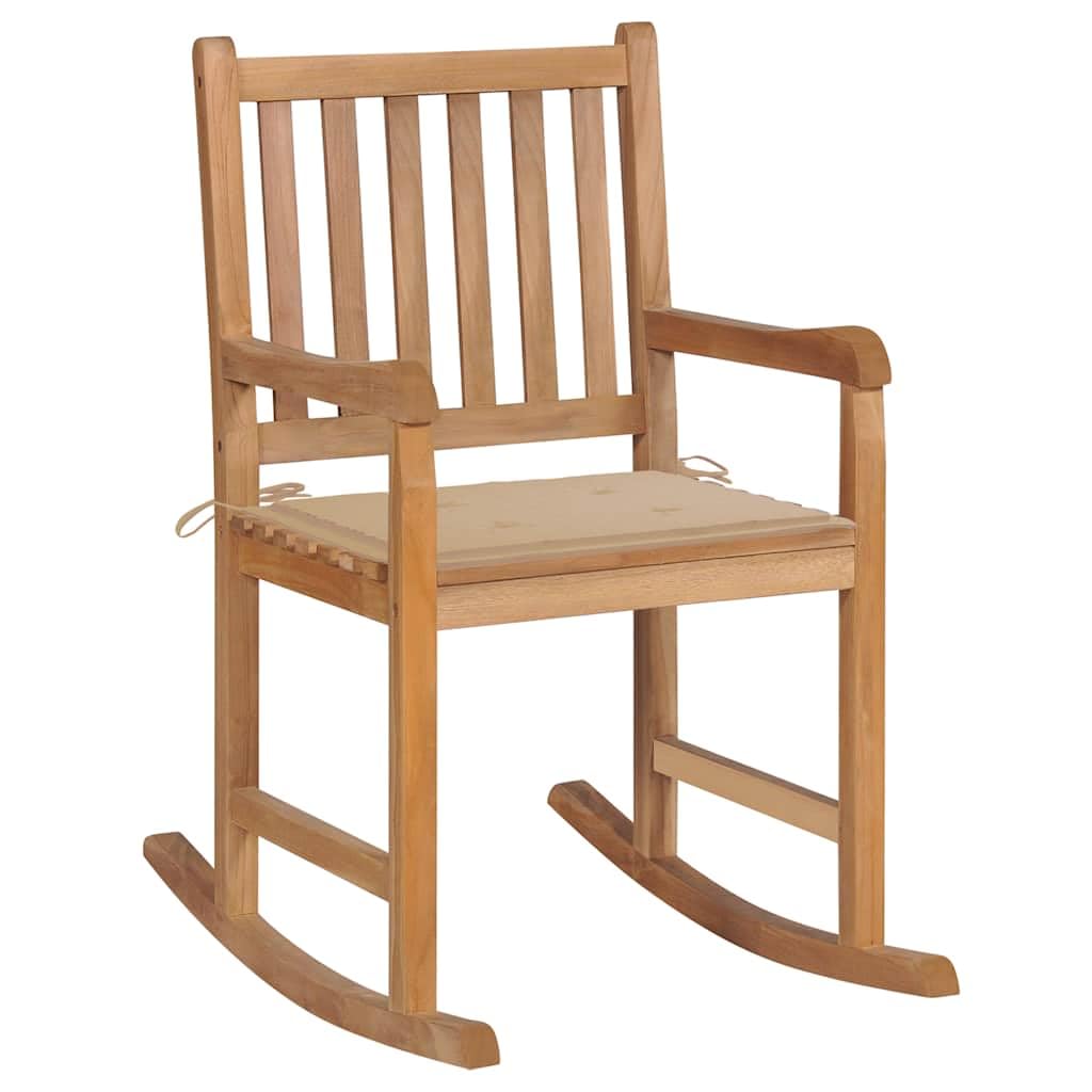 Fotel bujany z litego drewna tekowego z beżową tapicerką, odporny na warunki atmosferyczne, wygodny do ogrodu, na balkon i taras, w zestawie poduszki, ergonomiczne oparcie, idealne do relaksu