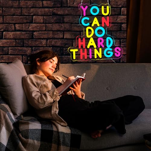 Image of You Can Do Hard Things Neon Signs Dimmable LED Inspire Neon Lights Wall Decor for Kids Room Classroom Bedroom Living Room Study Gift Art for Kids Friends -12.56 x 12.2 IN-USB Powered-Acrylic