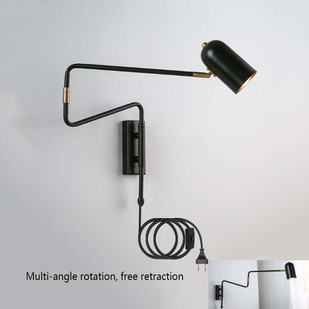 Vintage Wandleuchte mit Schalter und Stecker Wandlampe Verstellbarem Langen Arm Drehbarem Nachttischlampe E27 Innen Retro Industrielle Leselampe Teleskoparm Licht für Schlafzimmer Raum,Schwarz