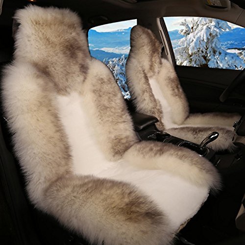Sisha-A Natural Australian Sheepskin Wool Car Seat Cover For Front Seat, Soft, Fluffy, Heavy Duty, Luxury, Winter Warm Seat Cushion Cover Fits Most Car, Truck, Suv Seats Grey Tips #TOP1