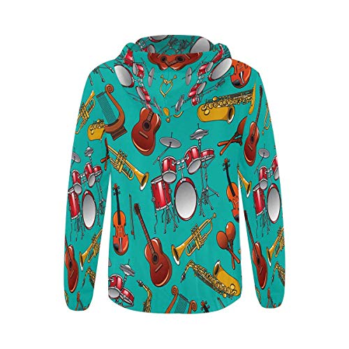 INTERESTPRINT Women\'s Musical Instruments on Turquoise Background with Drum Set, Guitar, Trumpet, Saxophone, Violin, Lyre Zipper Hoodies Sweatshirt XXL