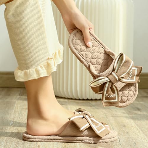 Bow-Knot Cotton House Slippers for Women, Soft Open Toe Indoor Non Slip Washable Comfortable Stitching Shoes for Hotel Travel Bedroom Airplane Party2