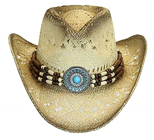 Men's & Women's Western Style Cowboy/Cowgirl Toyo Straw Hat (Tea Stain-Turquoise/Beads) #TOP1