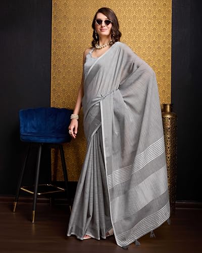 Image of SWORNOF Women's Linen Cotton Silk Saree with Unstitched Blouse Piece | Saree for Women | Saree with Blouse Piece | Soft and Skin Friendly