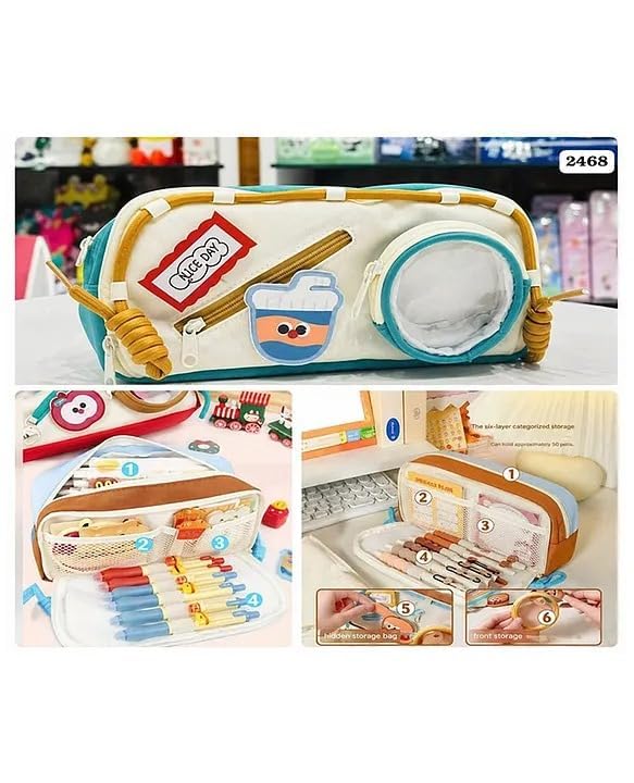Image of Zqiue DIY Magical Patch Pencil Pouch for Kids, Large Capacity Cartoon Zipper Pencil Case with Removable Round Patch & Multi Compartments, Cute School Stationery Organizer
