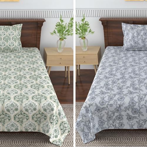 Image of Mafatlal Grace Cotton Single Bedsheet Combo Pack of 2 with Pillow Covers | 180 TC Durable Lightweight Fabric | Modern Home Furnishing Bed Sheets | Ash Grey & Sapphire Blue
