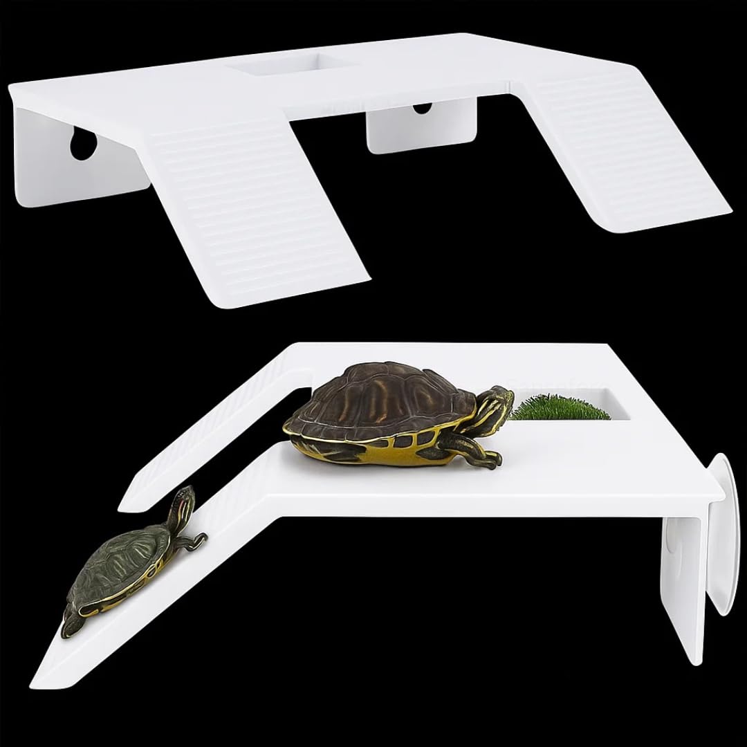 Premier Plants Acrylic Small Turtle Basking Platform Simulation Tortoise Resting Pad Terrace with Artificial Grass Lawns Climbing Ladder (CP-80) (Double Ladder Large)