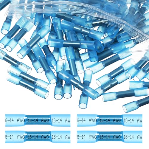 500 Pcs Blue Heat Shrink Butt Connectors, 16-14 AWG Waterproof Electrical Crimp Wire Splice Automotive Marine Grade Crimp Terminals Butt Splices for Boats Industrial Cable Wiring