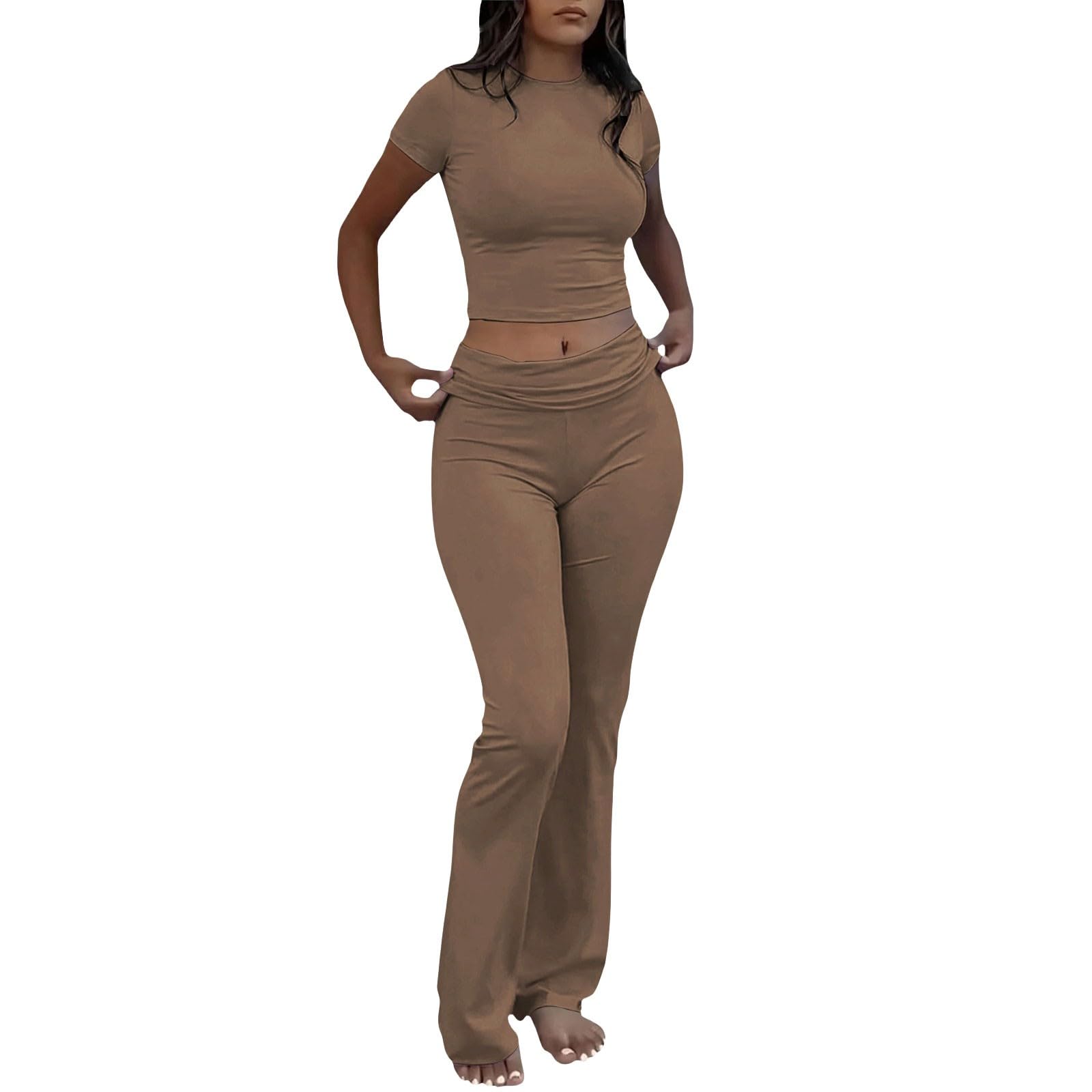 Tuta da jogging da donna, in cotone, sportiva, senza maniche, girocollo, top e pantaloni lunghi, 2 pezzi, tinta unita, slim fit, vita alta, elasticizzata, tuta da yoga