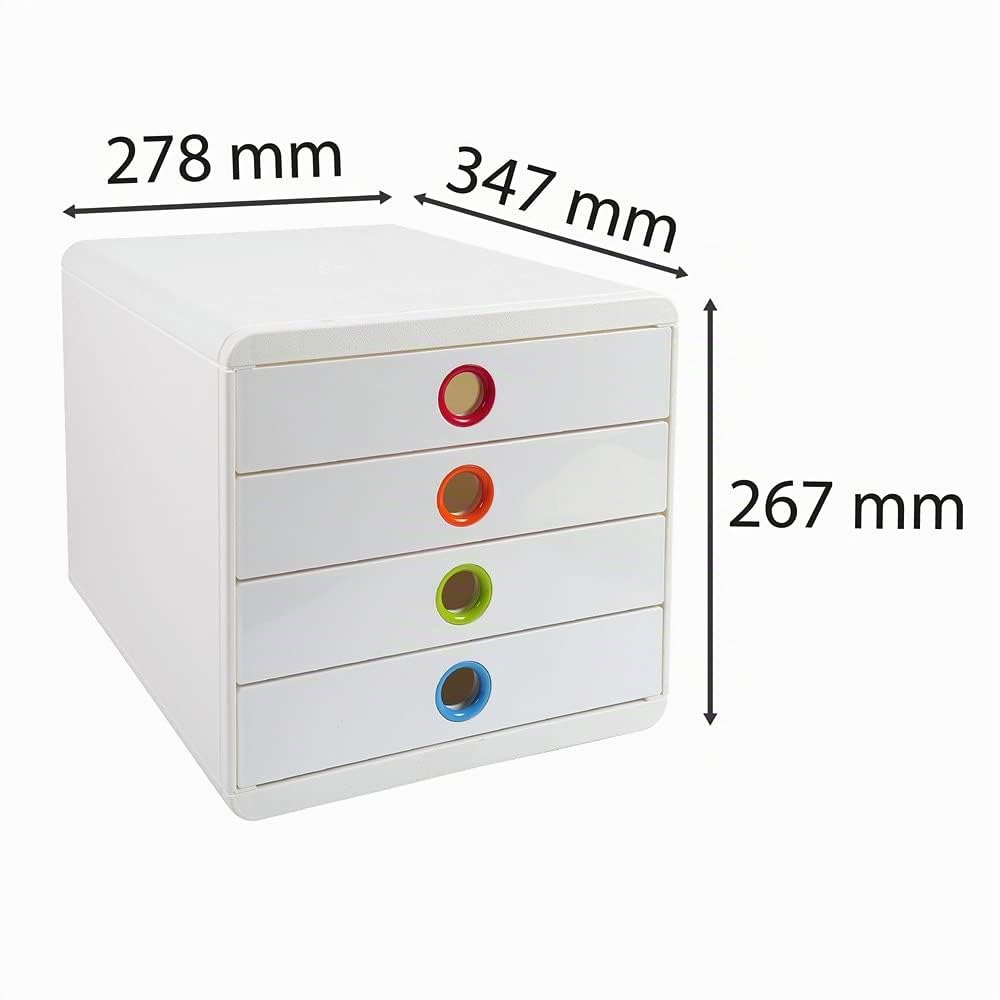 Exacompta 314398D - Módulo individual con 4 cajones para documentos A4+, ultra-rígido, cajones cerrados, con stop de seguridad - 347x278x267 mm - BIG-BOX - POP-BOX - Blanco/multicolor/blanco