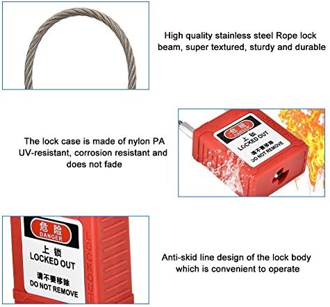 Industrial Security Padlocks, Engineering Plastics Safety Lockout Key Steel Wire Rope Shackle Red Body, Industrial Isolation Lock Insulated Safety Padlock Plastic Padlock, Red