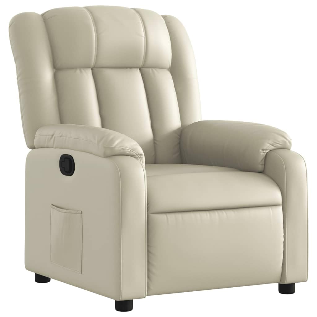 Poltrona relax con funzione reclinabile manuale, poltrona TV regolabile fino a 135 gradi, poltrona imbottita in ecopelle color crema, poltrona TV con poggiapiedi e tasca laterale per soggiorno