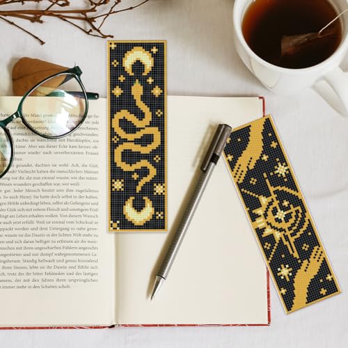 Image of INFUNLY 6 Set Sun Moon Cross Stitch Bookmark Kit for Beginners Star DIY Cross Stitch Kits 8.54 inchx2.99 inch Pre-Printed Snake Stamped Embroidery Bookmark Kit with Instruction for Book Lovers Reader