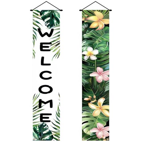 Image of BlissYard 2pcs Welcome Summer Door Banner Hawaiian Porch Banners Sign Summer Sunshine Hibiscus Floral Front Door Hanging Decor Banner for Seasonal Home Hawaii Tropical Party Outdoor Decorations