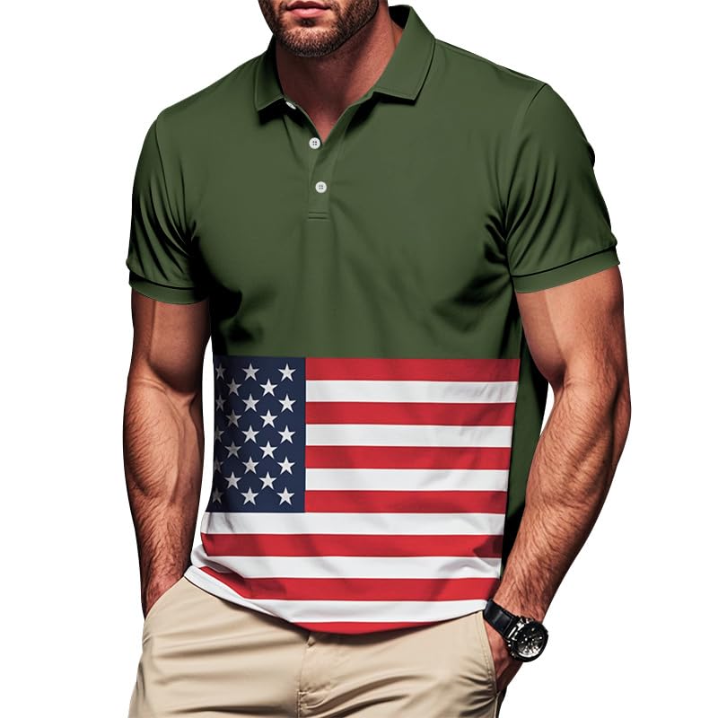 Mens Polo T-Shirt Short Sleeve American Flag Print Shirts Quick-Dry Loose Breathable Collared Golf Casual Tee Tops