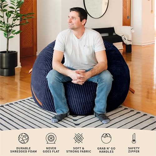 Image of Big Joe Fuf 5Ft Foam Bean Bag Chair for Adults and Teens, Ideal for Bedroom and Living Room, Midnight Blue, Corded Plush, 5 feet Big