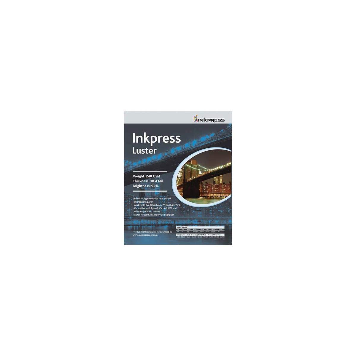 Inkpress Luster Premium Single Sided Bright Resin Coated Photograde Inkjet Paper, 10.4mil, 240gsm, 8.5x11", 250 Sheets