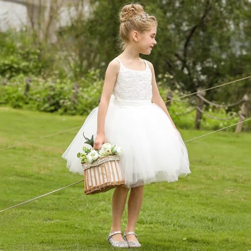 Lace Flower Girl Dresses for Wedding with Bow Spaghetti Straps Tea Length Princess Party Gowns4