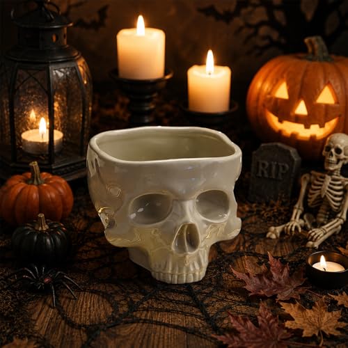 TALLGIRA Food Safe Ceramic Skull Bowl Halloween Candy Bowl for Cereal Pasta Ice Cream Microwave Dishwasher Skeleton Head Desk Decor (300 ml/min)