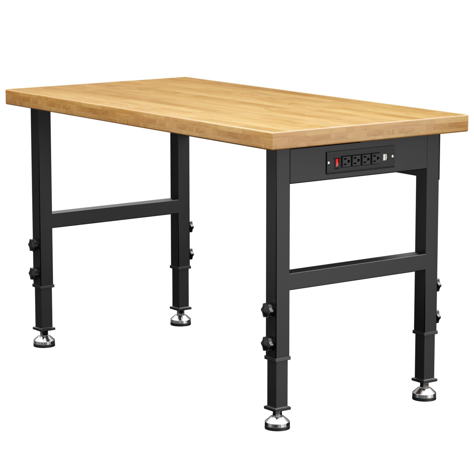 48” Heavy-Duty Solid Wood Work Bench Work Table, Adjustable Height Workbench with Power Outlets, 3000 Lbs Capacity Workstation for Garage, Workshop