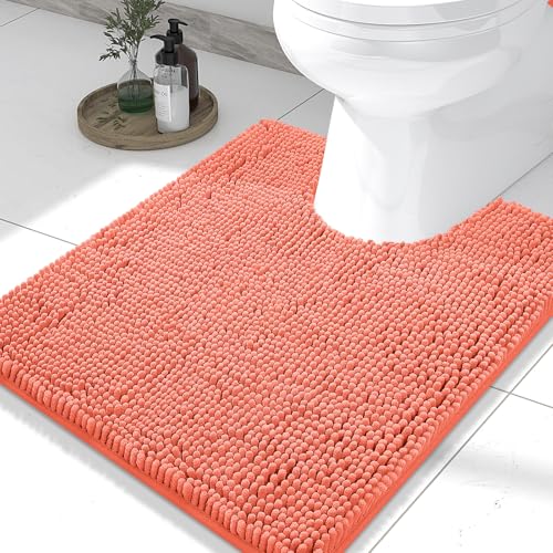 Smiry Luxury Chenille Toilet Rugs U-Shaped 24x20, Soft Absorbent Non-Slip Contour Bathroom Rugs for Toilet, Machine Washable Contoured Bath Mats, Coral