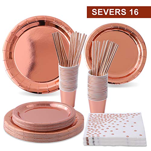 FORMIZON 92 Pezzi Stoviglie per Feste Oro Rosa, Oro Rosa Party Set Piatti stoviglie USA e Getta Carta Tovaglioli Tazza Cannucce Compleanno Set di Forniture per Festa Oro Rosa 16 Ospiti