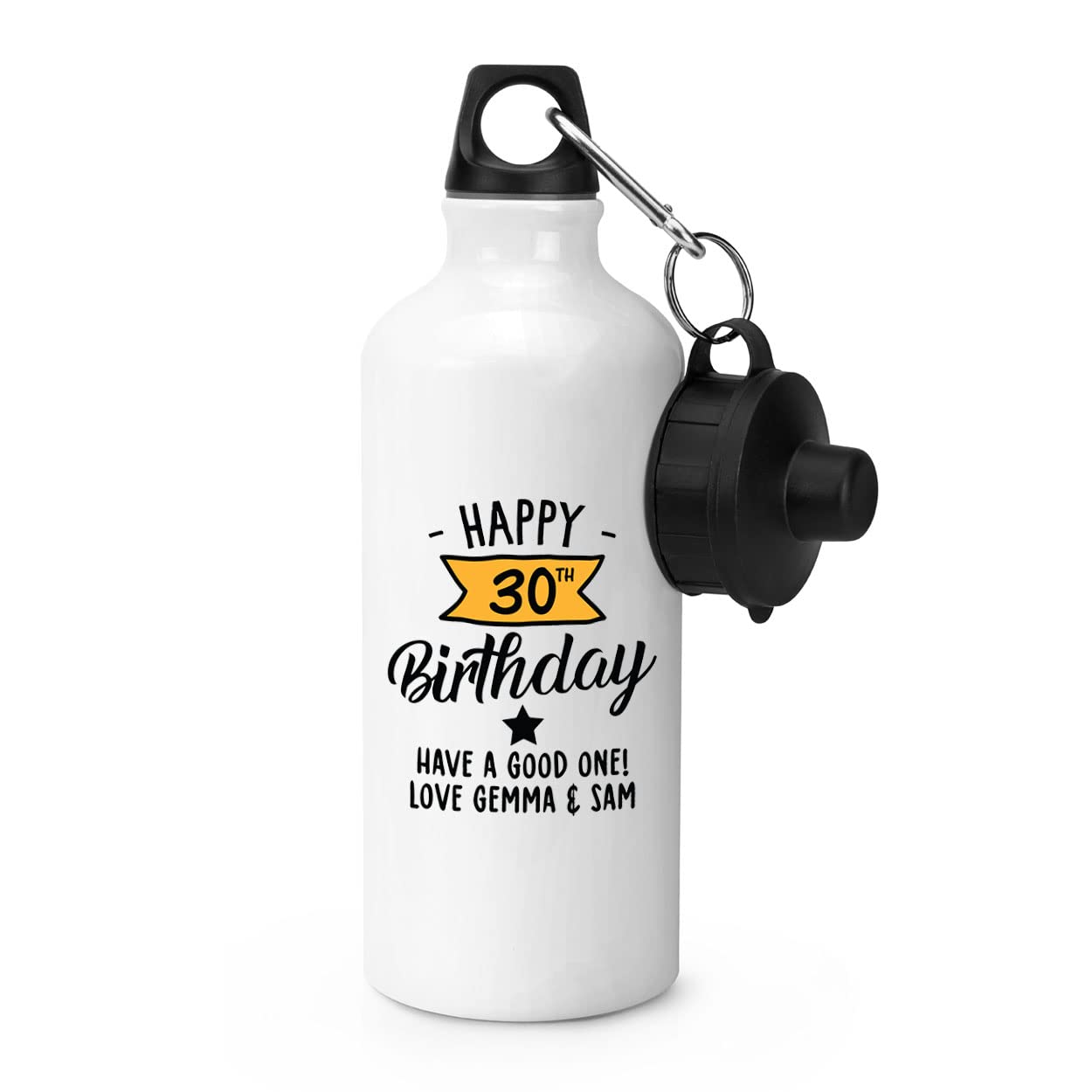 Gift Base Personalised Happy 30th Birthday Yellow Banner Sports Bottle Water Gym 600ml White