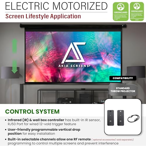Image of Akia Screens 150 inch Motorized Projector Screen, 16:9 Electric Remote Controlled Retractable Drop Down Projection Screen, Ceiling or Wall Mount, 8K 4K HD Ready, Black Housing, AK-MOTORIZE150H2.