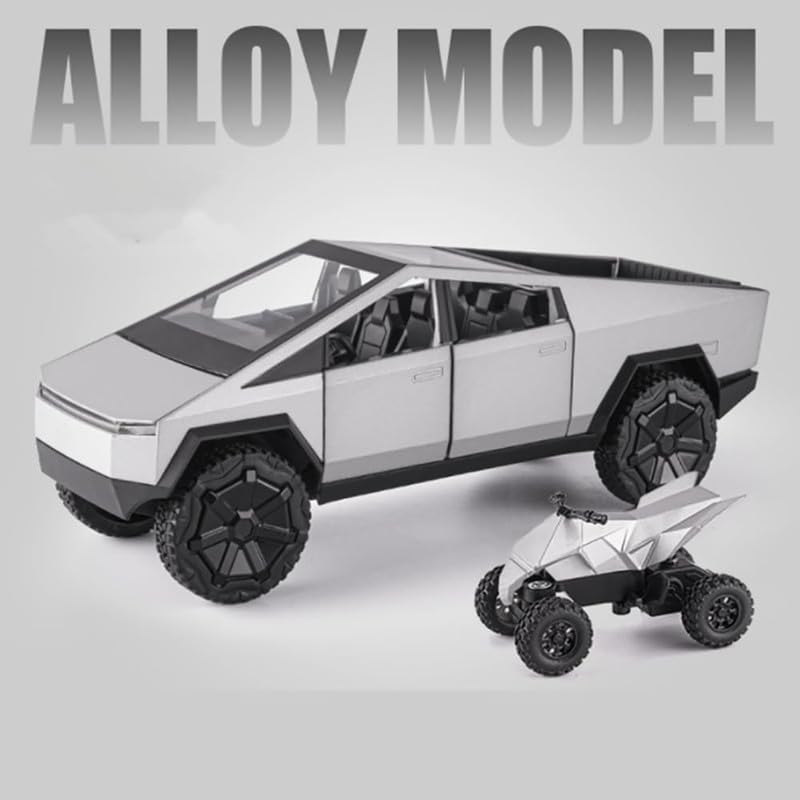 Image of Kids Model 1:24 Cyber Truck Die Cast Metal Car Pull Back Action Opening Doors with Realistic Engine Sound Lights Toy Car Gift for Boys - Silver