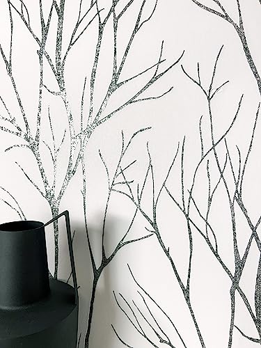 NEWROOM Papier peint Blanc Branches Intissé - Floral Noir Branches Romantique