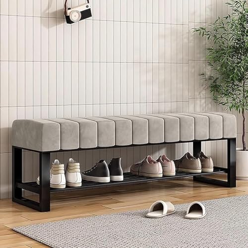 Banc à chaussures en velours gris avec rangement d'entrée