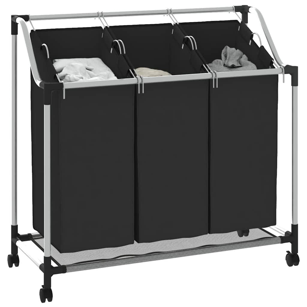 Wäschekorb mit 3 Taschen Schwarz Stahl