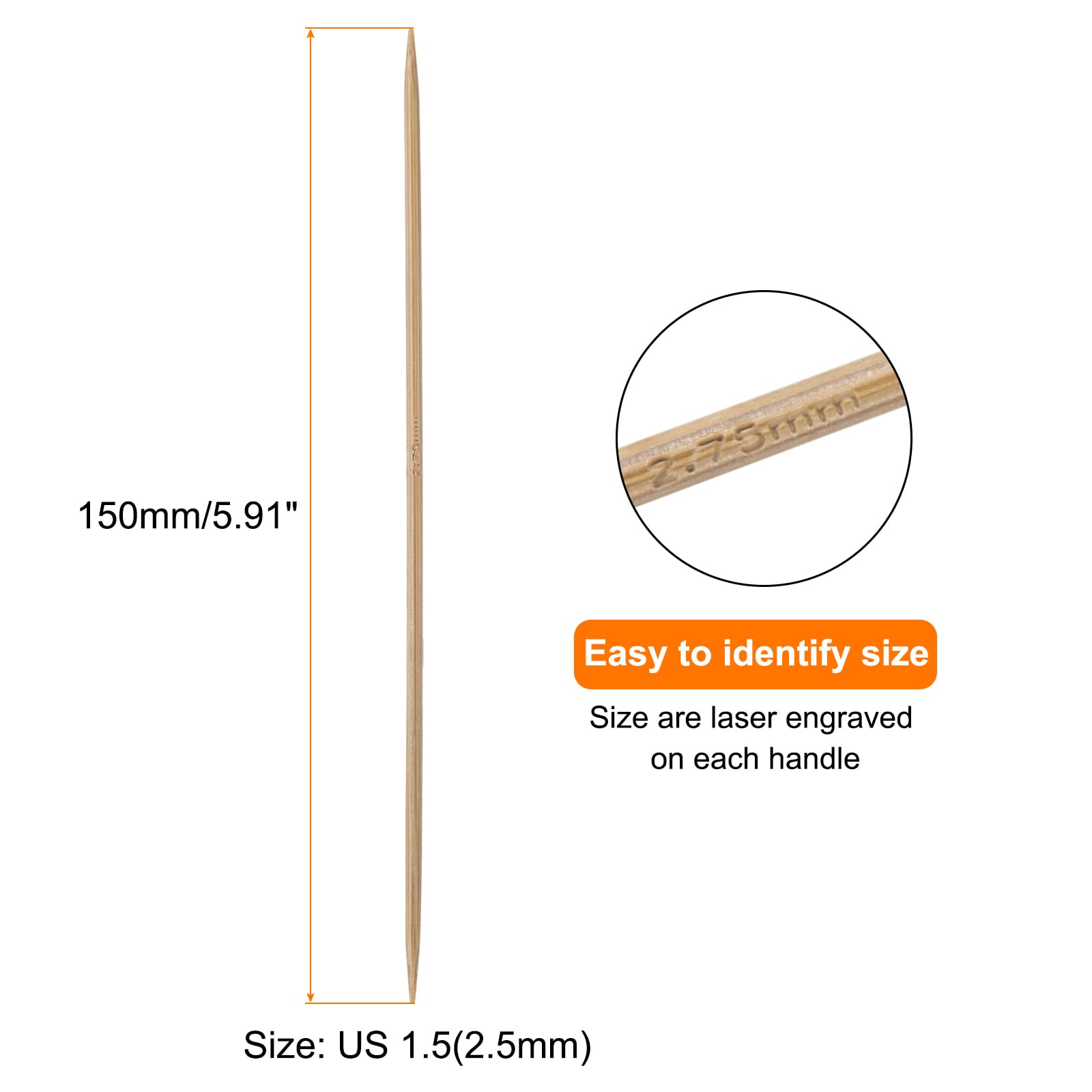 HARFINGTON 5 agujas de tejer de bambú de doble punta, tamaño US 2 (2,75 mm), carbonizadas de 15 cm, rectas para proyectos de hilo de tejer creativos hechos a mano