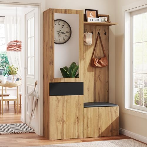 YAIXBNG Juego de perchero con 5 percheros, espejo, zapatero, armario empotrado con estantes superiores, cajones, estantes superiores, banco de perchero.