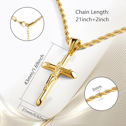 ALEXCRAFT Sterling Silver Plated Cross Necklace for Men Gold Plated Cross Necklaces for Women Trendy Stainless Steel Crucifix Pendant with 3mm 21inch Rope Chain3