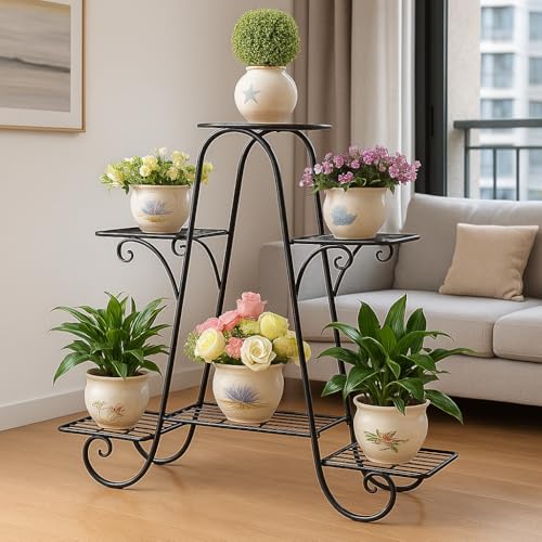 Image of 6-Tier Rust-Proof Metal Plant Stand for Balcony & Indoor Use - Heavy-Duty Gamla Stand for 6 Pots (Lohe Ka Stand) (A SHAPE PLANT STAND)